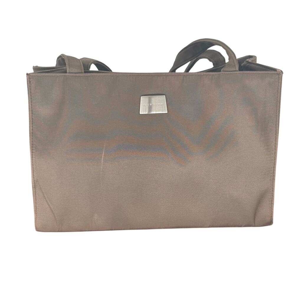 Perlina Brown Nylon Shoulder Bag Medium Size Snap Close Handles Pockets New York